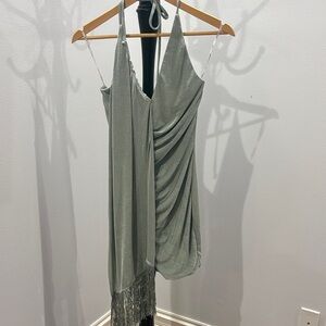 Chic Asymmetrical Green Dress with Fringe